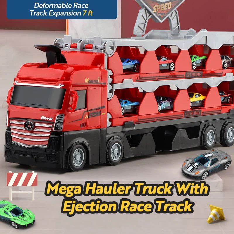 Mega Truck mit Rennautos + Rennstrecke